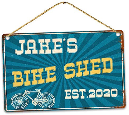 Personalised Name Bike Shed Metal Sign, Rustic Retro Weathered Distressed Plaque, Custom Gift Idea - Small (140MM (5.5”) W x 200MM (7.87”) H) With 4 Holes