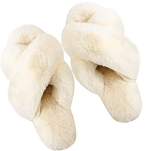 dressfan Ciabatte Donna Pantofole Sandali Punta Aperta da Casa Piatto Tenere Caldo Peluche Pelliccia Antiscivolo Soffice Suola di Gomma per Interno e Esterno,Beige Chiaro,40-41