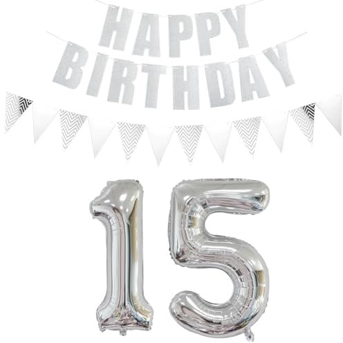 Luftballons Zahl 15 + Happy Birthday Girlande + banner Folienballon 15.Geburtstags deko Mädchen jungen Silber ballons 15 Jahre Geburtstag deko Zahlenballon 15 Geburtstag dekoration Mädchen junge(15)
