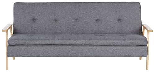 Beliani 3-Sitzer Sofa Stoff grau gesteppt mit Schlaffunktion Armlehnen Hellbraun Tjorn