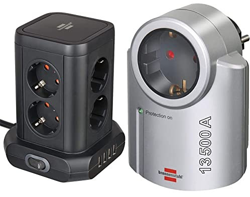 Brennenstuhl Steckdosenturm 8-Fach mit USB (4X USB, zweipoliger EIN-/Aus-Schalter, 2m Kabel) schwarz & Primera-Line, Steckdosenadapter mit Überspannungsschutz, Silber/schwarz