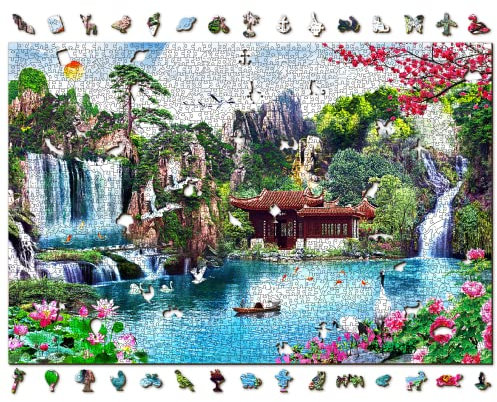 Wooden.City Holzpuzzle 2000 Teile - Waterfalls in Japanese Garden - Erwachsene Kinder Tierpuzzle - Bunt Einzigartige Tierform - Haus Dekoration - Geschenk Lernspielzeug - 80,1 x 53,2 cm