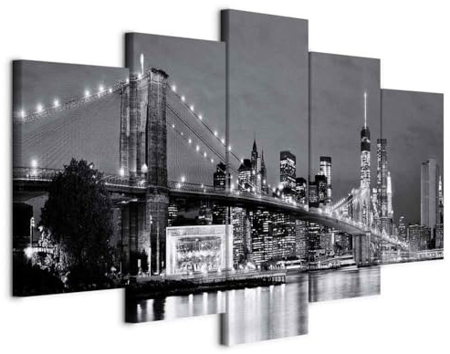 B&D XXL - Quadri Moderni per Soggiorno Grandi, New York NY, 150x75 cm | Chiodi Inclusi, 5 Pezzi, Quadro Moderno, Murale Arte, Stampe da Parete, Resistenti Allo Sbiadimento, Produzione Europea