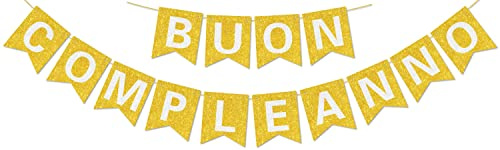Vorgespanntes Buon Compleanno-Banner – KEIN DIY – mit glänzenden Buchstaben, glitzerndes Buon Compleanno-Banner für goldene Geburtstagsparty-Dekorationen und Zubehör