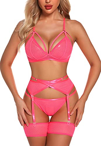 EVELIFE Ensemble de lingerie pour femme avec porte-jarretelles 4 pièces soutien-gorge et culotte taille haute avec bretelles sans bas