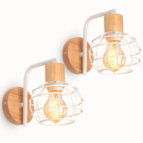 LIGKIN 2 Stück Wandleuchte Innen Holz, E27 Wandlampe Vintage Industrial Weiß, Retro Lampe aus Käfig Metall, Moderne Wandlampen für Wohnzimmer Esszimmer Schlafzimmer Flur Küche