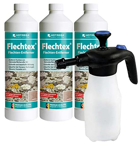 HOTREGA Flechtex 3x 1 Liter | gebrauchsfertiger Flechtenentferner | gegen Flechten und Algen auf Stein Beton Pflaster & Naturstein| inkl. Druckspritze