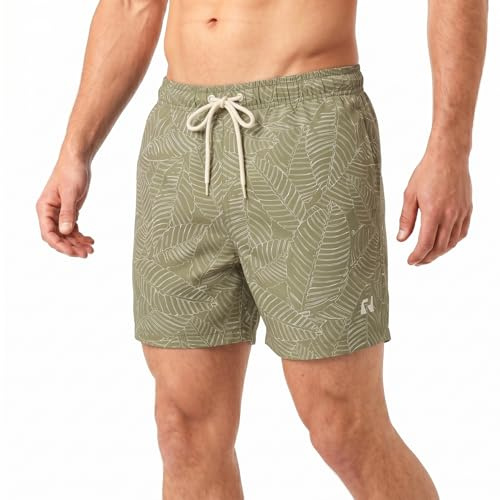 RIPT Men’s Quick Dry Swim Shorts with Mesh Lining Drawstring Waist UV50 Sun Protection Beach & Swimming Trunks (Khaki Leaf Print, XXL)
