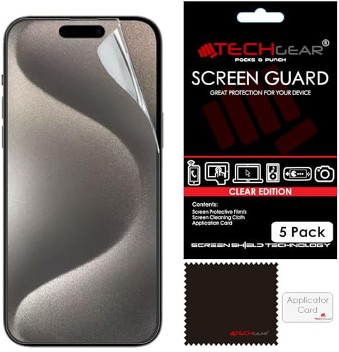 TECHGEAR [5 Pack Screen Protectors for iPhone 15 Pro Max - CLEAR LCD Screen Protector Film Guard Covers with Cleaning Cloth & Application Card Compatible with iPhone 15 Pro Max 6.7