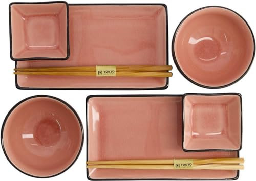 TOKYO design studio, Glassy Pink Lot de 2 assiettes + 2 bols à sauce + 2 bols à riz + 2 paires de baguettes en grès