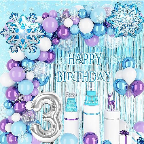 3 Jahre Frozen Geburtstagdeko Mädchen,Blau Lila Geburtstag Deko mit 3rd Cake Topper Regenvorhang Folie 3D Snowflake Luftballons für 3. Eiskönigin Kindergeburtstag Deko
