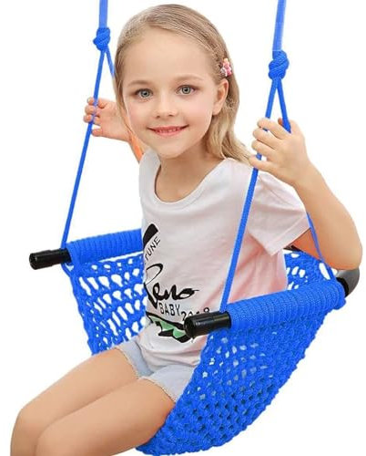 Kinderschaukel Outdoor Schaukel Garten handgestrickter Schaukelsitz für Indoor Outdoor Spielplatz Hinterhof Höhenverstellbar Atmungsaktiv elastisch Bequemer Nestschaukel (Color:Blau)