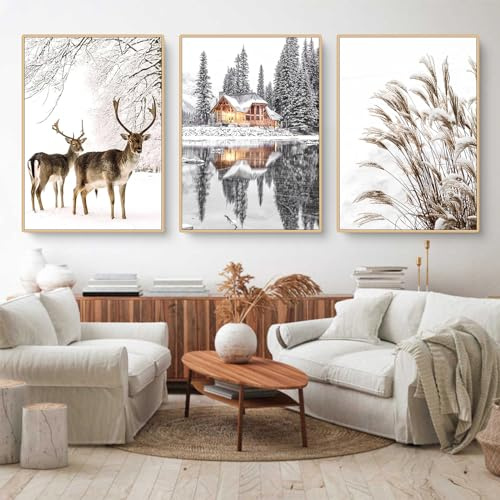 Uixxducc 3er Premium Poster Set, Modern Winter-Elch-Holzhaus Bilder,Ohne Rahmen Print Kunstposter,Wandbilder für Wohnzimmer Schlafzimmer (A,21x30cm)