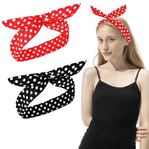 2 Stück Gepunktete Stirnbänder Hasenohren Schleife Kopfwickel Retro Bandana Weihnachts Dress Up 50er Jahre Draht Stirnband Vintage Druck Haarband Niedliches Geknotetes Haar für Frauen Mädchen
