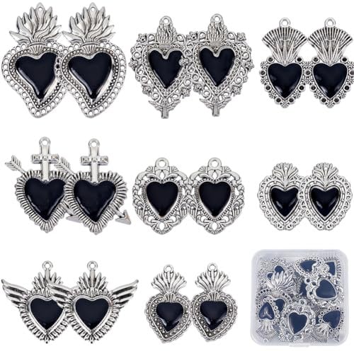 SUNNYCLUE 1 Box 16Pcs 8 Styles Gothic Charms Sacred Heart Charms Vintage Enamel Cross Love Wings Mexican Milagros Metal Charm for Jewellery Making Charms Supplies DIY Necklace Bracelet Earring Adult