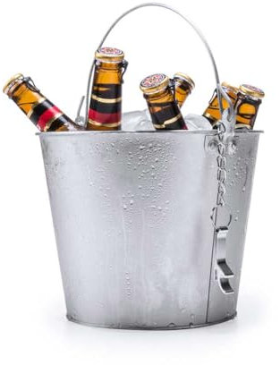 Seau en métal pour refroidir les bières et les boissons. Capacité 6 L. avec poignée en métal et ouvre-bouteille avec chaîne. Dimensions : 18 cm. -22,5 Ø. Pour fêtes, bars et restaurants. (1)