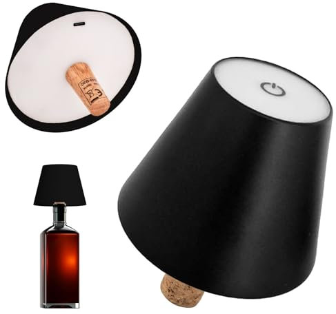 MAKA Lampada per Bottiglia con Tappo in Sughero Luce Tavolo Scrivania senza Fili 3 Temperature Luce Calda Naturale Fredda 200 Lumen 7 Ore Autonomia Ricarica USB IP20 Luminosa Bar Ristorante (Nero)