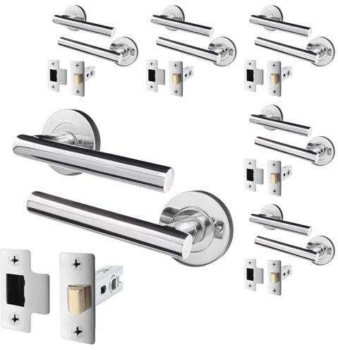 EAI Door Handle Latch Set Polished Chrome - Pack of 6 | Round T-Bar Internal Door Handles & Latch (64mm) | Silver Lever on Rose Oliena Range