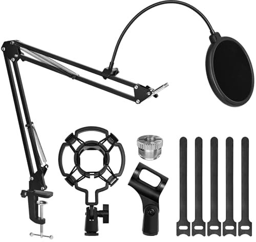 Uoxira Bras Micro Articulé, Pied Micro Bureau avec Filtre Anti Pop & Pince Micro et Attaches de Câble pour Micro PC, Support Micro pour Gaming Streaming Podcast