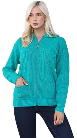Candid Styles Womens Zipped Cable Knit Long Sleeve Zip Through Fasten Jumper Top Ladies Classic Knitwear Zipper Cardigan Pullover (Jade Green, 10-12)