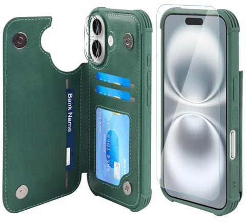 VANAVAGY Fit Car Mount Wallet Case for iPhone 16 Plus,Forest green | PU Leather Flip Cover for Men & Women,12ft Drop Protection,RFID Blocking Card Holder,Kickstand,Includes Screen Protector