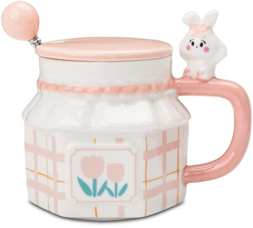 ZONSUSE Tasse Lapin Mignon,Tasse à Café Lapin,Tasse Lapin avec Couvercle et Cuillère,Mug Personnalise Lapin,Tasse Hexagonale Créative,avec Motif Tulipe, Tasse Cadeau Originale 350ml (Lapin Rose)