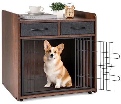 GYMAX Dog Crate Furniture, Wooden Dog Crate with Lockable Door, 2 Fabric Drawers and Adjustable Foot Pads, Indoor Dog Kennel Side Table for Small and Medium Sized Dogs