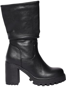 Stivali Donna in Ecopelle Invernali Eleganti con Piega Gambale Alto 25cm e Tacco 10cm Scarpe Donna Comode, Morbide Antiscivolo (Nero, Sistema Taglie Calzature EU, Adulto, Numero, Media, 36)