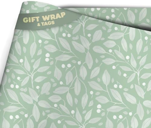 Thick Green Floral Gift Wrap - 2 Luxury Sheets of Florals Wrapping Paper in Greensleeves Design - Women Birthday Mum Nan Mother's Day, Wedding Anniversary Giftwrap (2 Sheet)