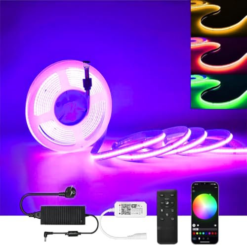 Wi-Fi LED Streifen COB 5M, RGBW (RGB+Warmweiss) LED Strips 24V Mit Fernbedienung, Dimmbar, Timing Funktion, Musik-Sync, Dekoration für Küchenschränke, Lagerschränke und Feiertagsdekoration, Feiertage