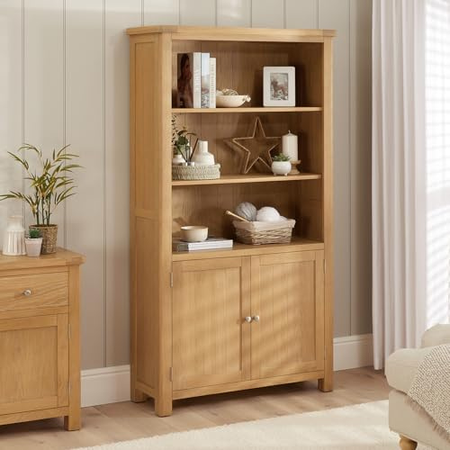 The Furniture Market Marbury Oak | Tall Wide Bookcase with 2 Door Cupboard | Fully Assembled | Adjustable Shelves | Brushed Nickel Handles | H 1800 x W 1000 x D 360mm