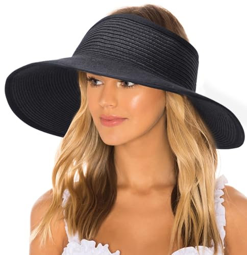 Mayoii Sun Hats for Women UK UV Protection Wide Brim Foldable Straw Hat Beach Cap for Summer Outdoor Fishing Large Brim Breathable Sun Visors for Women with Ponytail (UK, Alpha, One Size, Black)