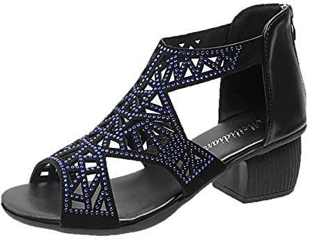 Sommer-Sandalen mit großem römischen Absatz, Reißverschluss hinten, Slingback-Sandalen für Damen, blau, 38 EU
