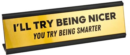 Funny Desk Nameplate – I'll Try Being Nicer, You Try Being Smarter – 8 x 2 Gold Office Sign – Sarcastic Work Desk Decor, Gag Gift for Coworkers, Friends, or Bosses