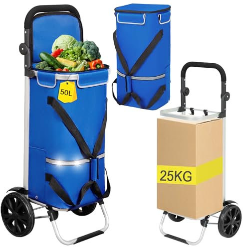 AMHANCIBLE Einkaufstrolley, Einkaufswagen mit Kühlfach, 50 Liter, 3in1klappbar Trolley, Einkaufstasche mit Rollen, Handwagen, Tasche abnehmbar, Blau EHSC01BU