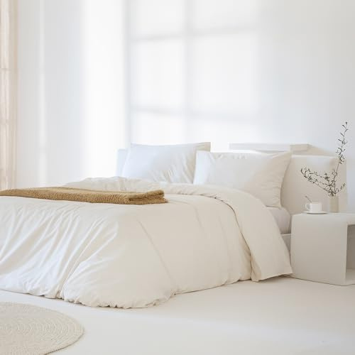 COTTON ARTean Bettbezug Noa Beige 150 x 190 / 200 cm, 100 % Perkal-Baumwolle, 200 Fadenzahl, Bettbezug 150 x 220 cm + 2 Kissenbezüge, 100 % Baumwolle, Perkal, Knopfverschluss, Beige