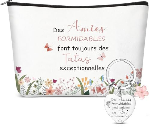 Xuniea 2 Pièces Cadeau pour Tata Porte Clés avec Coeur et Fleurs Trousse à Cosmétiques Amies Formidables Font Toujours des Tatas Exceptionnelles pour Idée Annonce Grossesse Tante