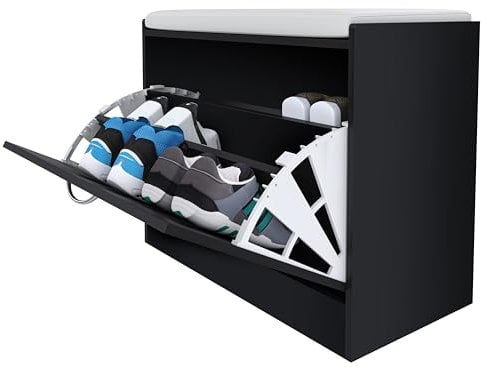 Panca Portascarpe Scarpiera Da Ingresso Piccola Salvaspazio Con Cuscino Anta A Ribalta Seduta Imbottita In Ecopelle Tripla Profondità Soggiorno Casa Camera Ufficio 60 x 30 x 48 Cm (Nero Liscio)