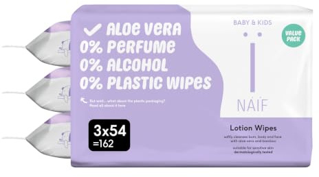 Naïf - Lingettes Lotion Sans Plastique - 162 lingettes (3 x 54 lingettes) - pour bébé et enfant - fesses, corps, visage - type aloe vera et bambou - 0% parfum et alcool