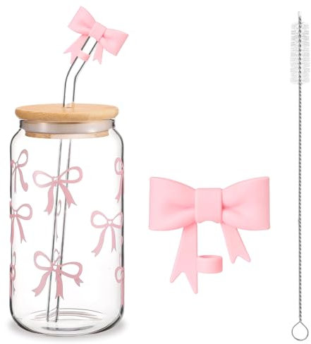 AHEJIOO 16 Oz Rosa Glasbecher Mit Deckeln Und Strohhalmen, Coquette Bow Design, Glasbecher Eleganter Trinkbecher Für Iced Coffee Smoothie Matcha Cocktail, Aesthetic Stuff Clean Girl, Matcha Gläser