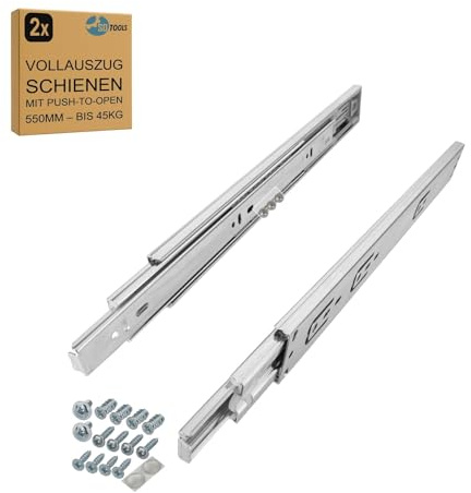 SOTOOLS 1 Paar Vollauszug Schubladenschienen, 550 mm, max. 45 kg | Push-to-Open-Vollauszug aus Stahl, kugelgelagert, für Schubladen, Möbel, Werkstatt, Küchenschränke und Schrankauszug.