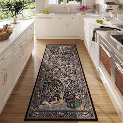 Rugcomf Läufer, lebendiger Baum des Lebens, Vintage-Küchenteppich, rutschfest, waschbar, weicher Teppichläufer für Waschküche, Schlafzimmer, Badezimmer, Schwarz