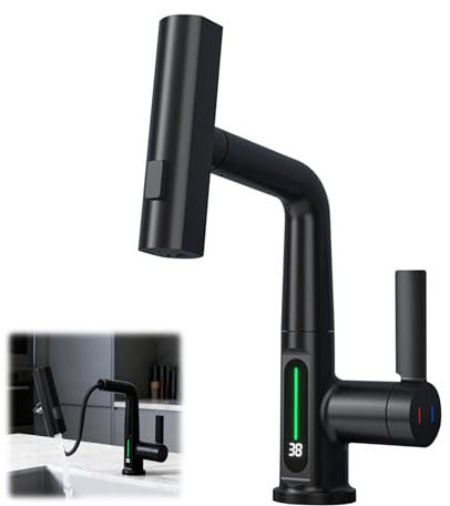 Wasserhahn Küche Schwarz, Küchenarmatur Ausziehbar 360°Schwenkbar Spültischarmatur mit LED Temperaturanzeige 3 Wasserstrahlarten Bad Wasserfall Küchenspülenarmatur Höhenverstellbar