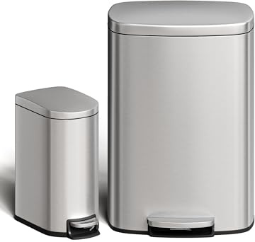 GarveeHome 50 Liter- und 10 Liter-Metallmülleimer-Set, rostfreier Küchen Mülleimer mit Deckel, pedalbetätigter Mülleimer mit Inneneimer, Griff an der Rückseite, Edelstahlfarbe