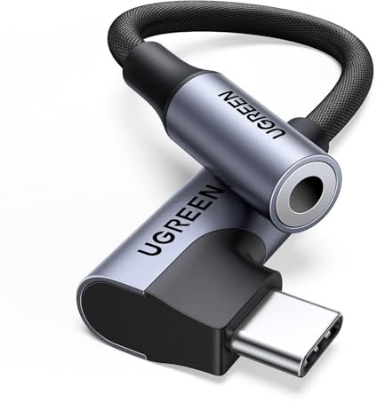 UGREEN USB C auf 3,5mm Klinke 90 Grad Winkel Adapter auf Klinke | USB C auf 3,5mm Kopfhörer Adapter mit DAC Chip kompatibel mit iphone17/17 air/17pro/17pro max, Galaxy S 25 Serie, iPad, Mac