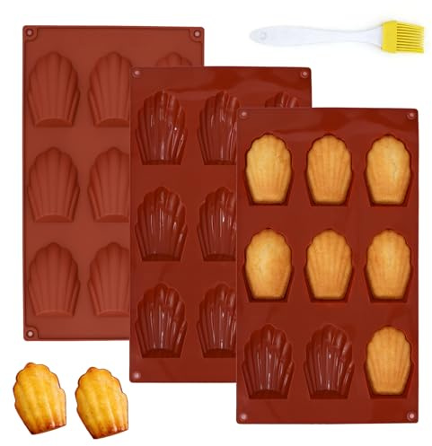 QEEYON 3 PCS Moules à Madeleine en Silicone avec 1 Pinceau, Anti-Adhésifs à 9 Cavités Moule Madeleine, Moules en Forme de Coquille pour Biscuits, Chocolat, Bonbons, Gâteaux