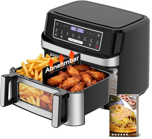 Friggitrice ad Aria 12L | Friggitrice Aria XXL Modalità Flessibile 1 o 2 Zone, 2600W Doppia Resistenza Controllo Indipendente Finestra & Luce Interna, Air Fryer Grande 8-in-1 Touch Control Ricettario