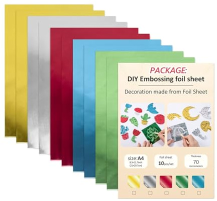 ETUCYNG 10 Stück Folientransferblätter 21 X 29,7 cm Prägefolie Metall 0,08 Mm Dicke Aluminium Prägefolie 5 Farben Dekoratives Folienpräge-Set Von Laserdrucker Und Laminiergerät Scrapbooking