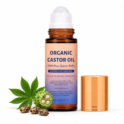 Rizinusöl Kaltgepresst Bio, Bio Rizinusöl Roll Onmit Rosenquarz Roller,50ml | Castor Oil Organic für Gesicht, Körper, Haare, Wimpern & Augenbrauen, Rizinusöl Bio mit Feuchtigkeitspflege