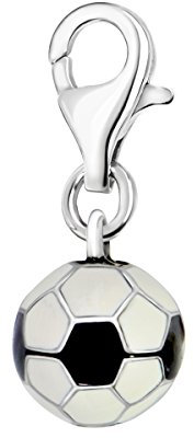 Quiges Charm Anhänger Schwarz und Weiß Emaille 3D Fußball 925 Silber mit Karabinerverschluss für Bettelarmband